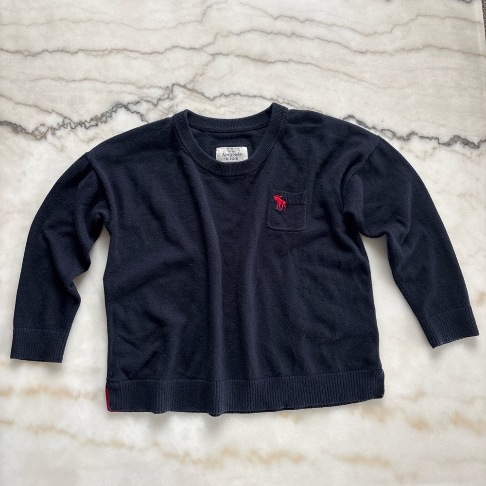 Y2K Abercrombie & Fitch Navy Blue Knit Sweater Moose Logo Split Hem Womens M